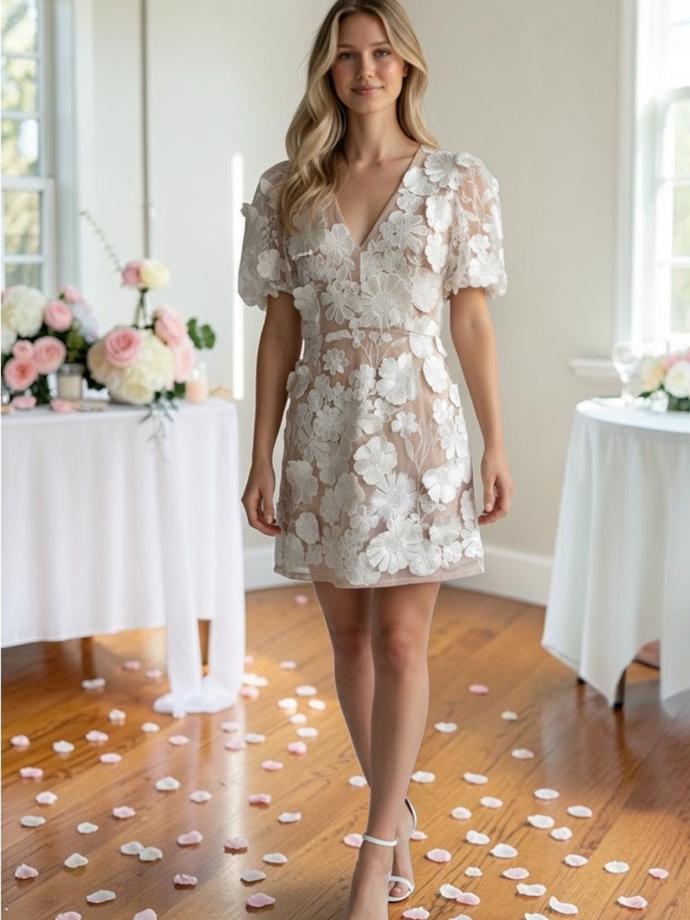 Elliatt Zayla White Floral Lace Puff Sleeve Mini Dress | Saks | Romantic Sheer